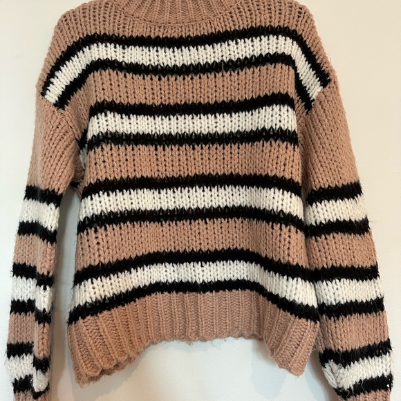 Woven Heart Striped Cowl Sweater - Tan, Black, White - Picture 1 of 2